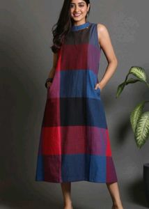 colour block Plaid Sleeveless Dress/kurti