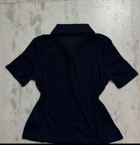 H&amp;M Navy Ribbed Cropped Polo Top