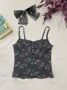 Floral Print Lace Trim Corset Top