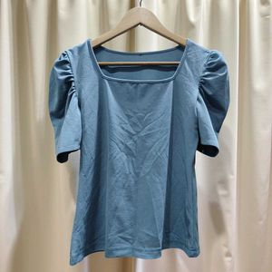 Blue Puff Sleeve Square Neck Top