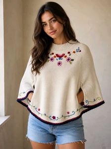 MONSOON Embroidered Cream Knitted Poncho Cape