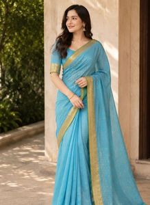Elegant Blue Saree with Gold Border