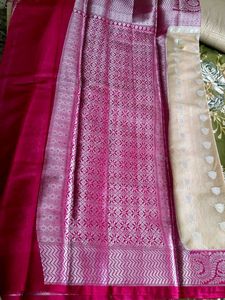 Elegant Cream &amp; Pink Silk Saree