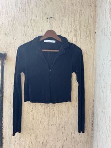 Black Ribbed Cropped Button-Up Shirt