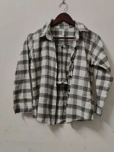 Plaid Button-Up Shirt with Smocked Bodice