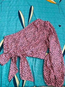 Pink Heart Print Tie-Front Crop Top