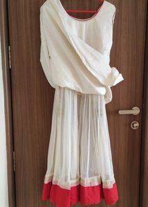 White Net &amp; Red Velvet Anarkali Suit