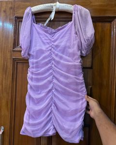 Sheer Ruched Puff Sleeve Dress