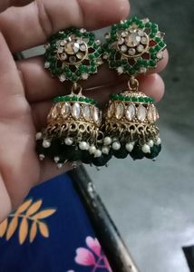 Elegant Green Jhumka Earrings with kaanchain