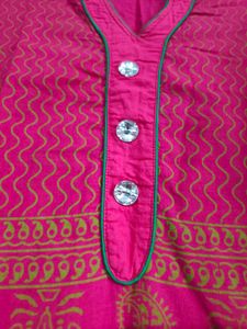 Vibrant Pink Kurta with Green Trim