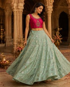 navratri green pink crop top skirt Set