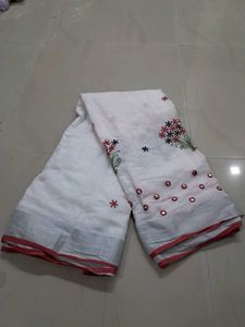 White Saree with Embroidered Flowers & Mirror Work