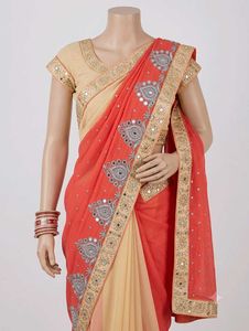 Beautiful Coral Pink & Cream Georgette Saree with
