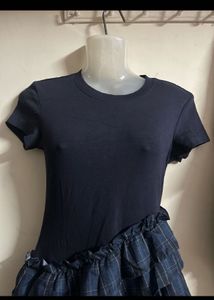 Navy Blue Ruffled Plaid Dress