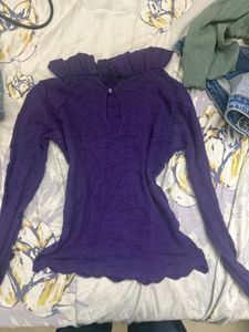 Purple Ruffled Neck Knit Top