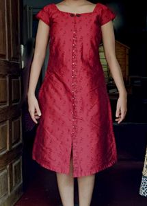 Dark Red Printed Kurti with Front Button Detail