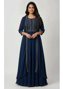 Elegant Blue Embroidered Gown with Jacket