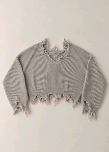 DISTRESSED GREY RIBBED V-NECK CROPPED SWEATER