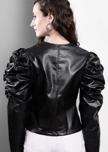 Chic Black Faux Leather Jacket with Puffed Sleeves