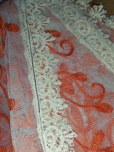 Orange Floral Embroidered Net Dupatta
