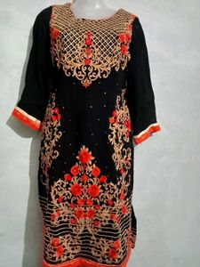 Embroidered Black &amp; Orange Salwar Kameez