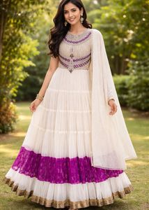 Elegant White and Purple Anarkali Dress