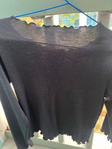 Black Lettuce Hem Button-Up Top