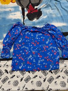 Blue Floral Print Off-Shoulder Top
