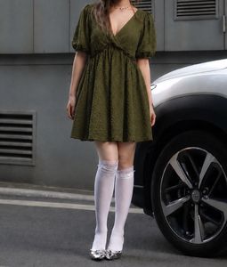 Virgio Olive Green Crepe Textured Mini Dress