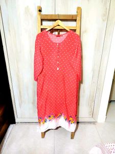 Charming Red Polka Dot Kurta with Floral Hem Size-
