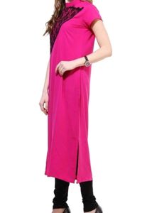 Vibrant Pink Kurta with Black Lace Detail