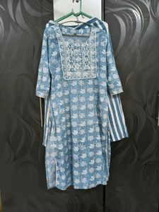 Blue Block Print Kurta with Dupatta