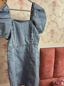 Denim Puff Sleeve Square Neck Dress