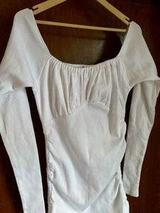 Ruched White Long Sleeve Mini Dress