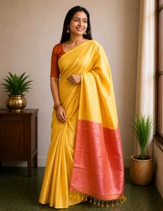 Elegant Yellow and peach Brocade Silk Saree