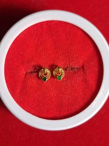 Gold Tone Stud Earrings with Green Stones