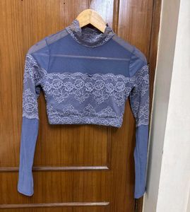 Sheer Lace Crop Detail Mesh Top/ Blouse
