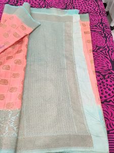 Peach &amp; Teal Woven Sari