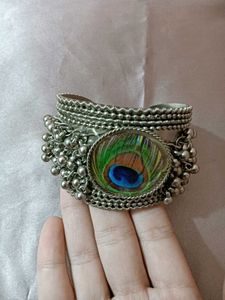 Peacock Feather Silver Bangle