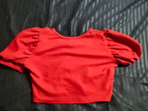 Red Puff Sleeve Ruched Crop Top