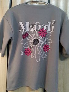 Grey Ribbed T-Shirt with Floral Detail