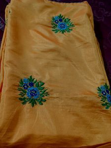 Orange Silk Saree with Blue Embroidery