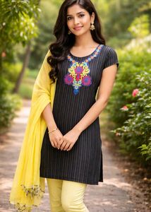 Elegant Striped Kurta Set with Vibrant Neckline