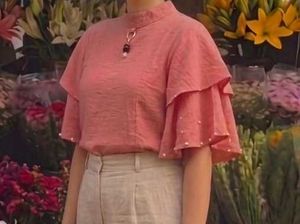Ruffled Pink Top with Pearl Accents