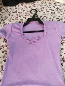 Cute Lilac Ribbed Tee with Bow Detail