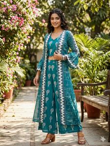 Teal Printed Kurta Set with Shrug