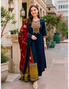 Embroidered Anarkali Kurta, Palazzo & Dupatta Set