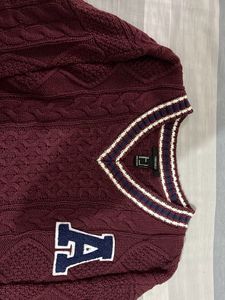Maroon Varsity Style Cable Knit Sweater