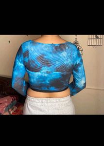 Blue Tie-Dye Mesh Long Sleeve Top