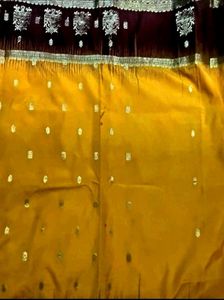 Mustard yellow Meroon pure Kanjeevaram silk sari